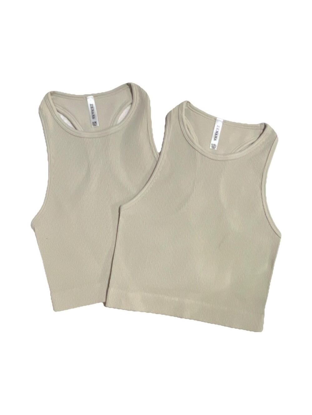 Zenana Ash Mocha Ribbed Cropped Stretch Athletic Tank Top Racerback S/M